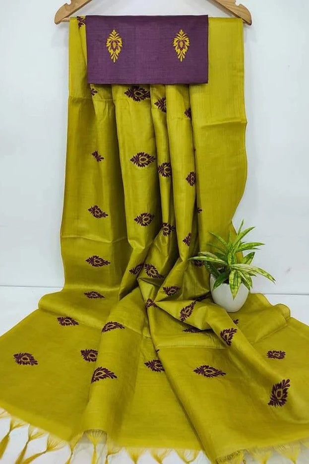 yellow digital embroidered katan silk saree - linenworldonline.in