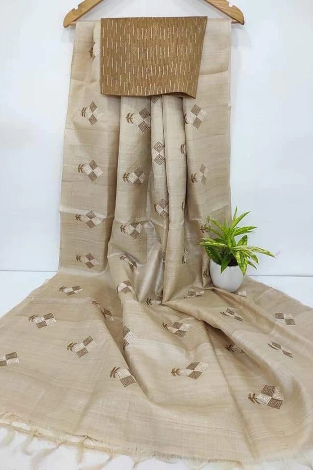 beige katan silk digital embroidered saree - linenworldonline.in