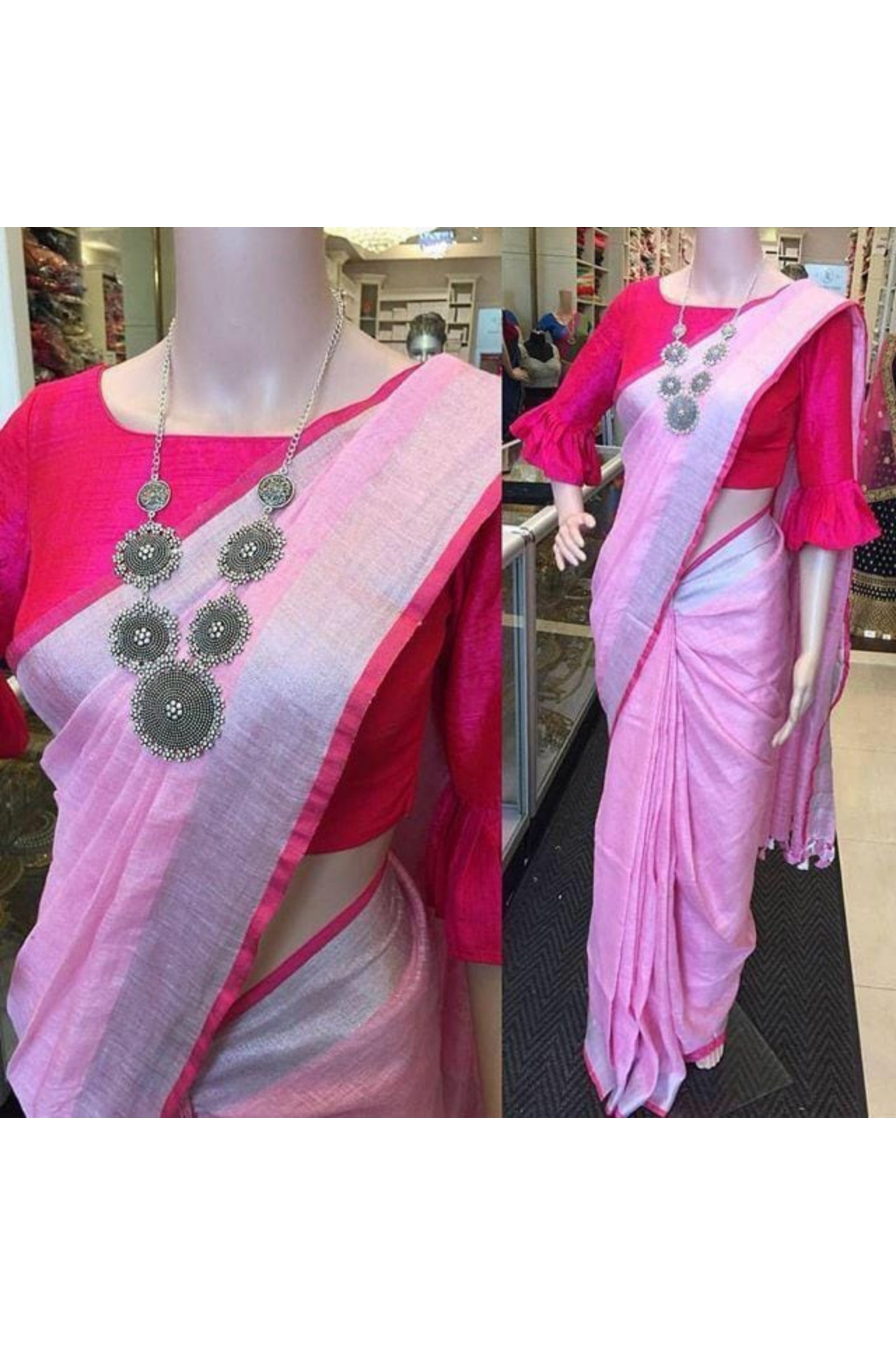 pink linen saree - linenworldonline.in