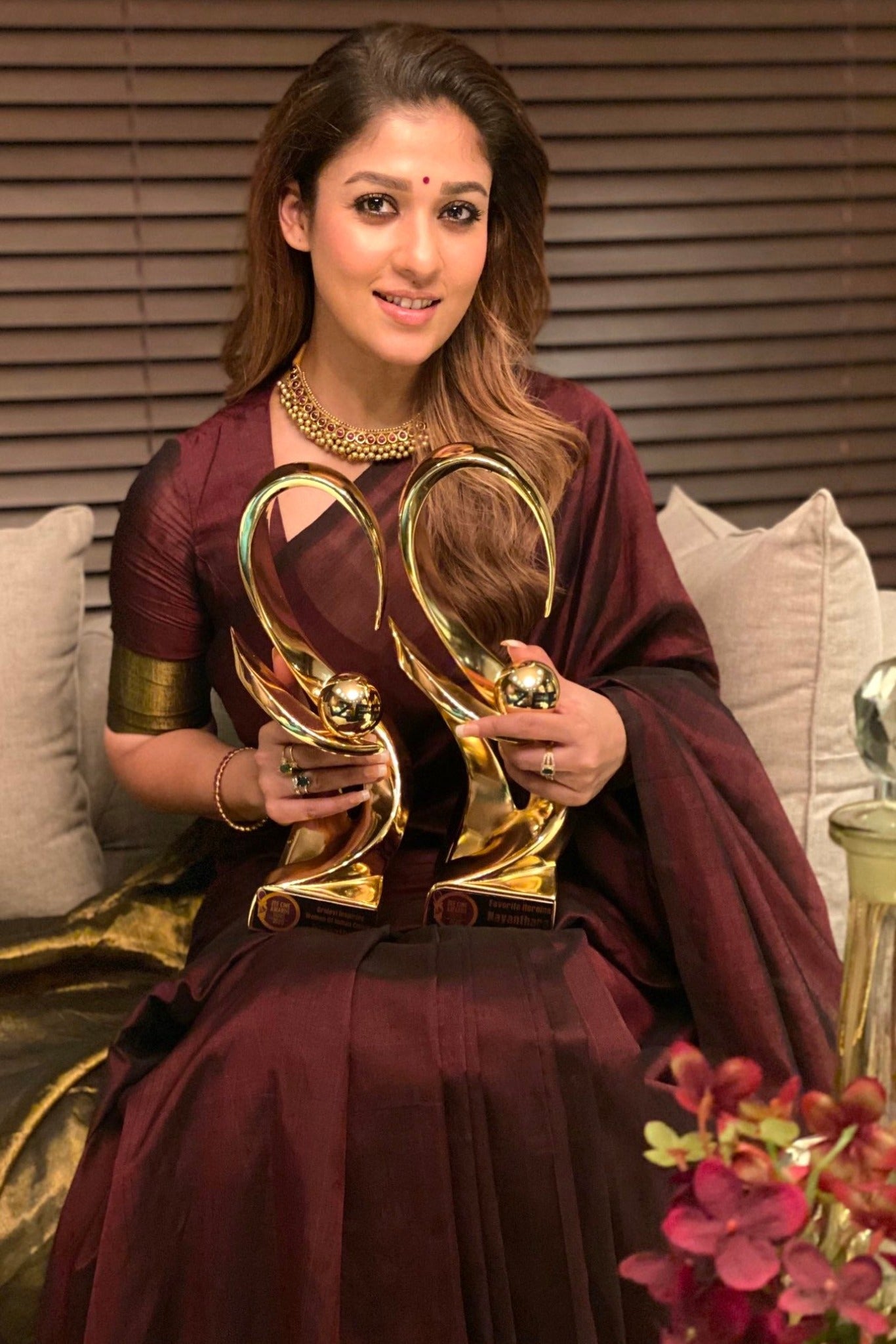 nayanthara in maroon handloom pure linen saree - linenworldonline.in