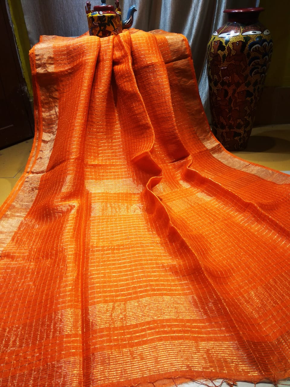 orange checkered linen saree