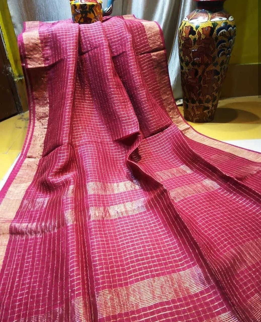 pink checkered linen saree