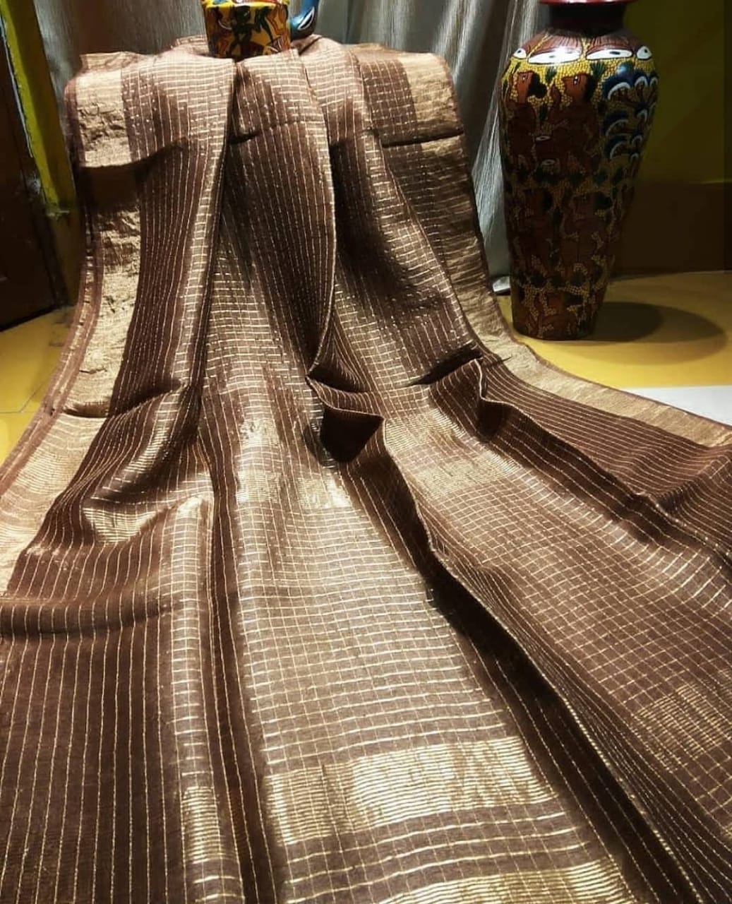 brown checkered linen saree