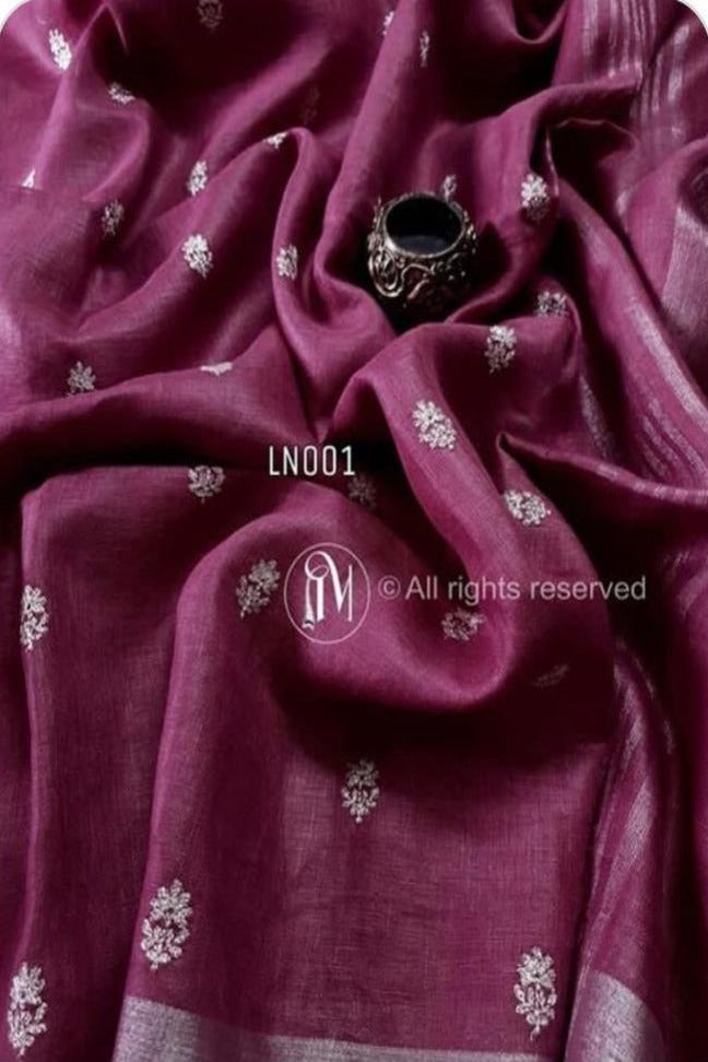 camelot pink embroidered handloom pure linen saree - linenworldonline.in