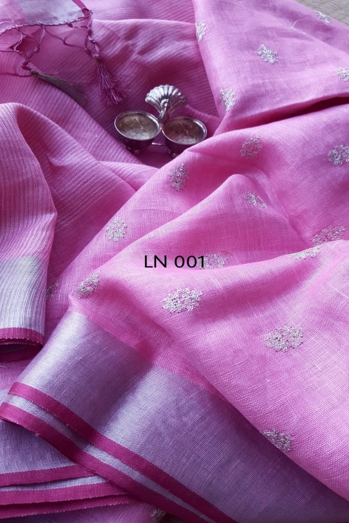 pink embroidered handloom pure linen saree - linenworldonline.in