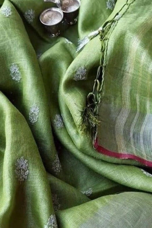 avocado green  embroidered handloom pure linen saree - linenworldonline.in