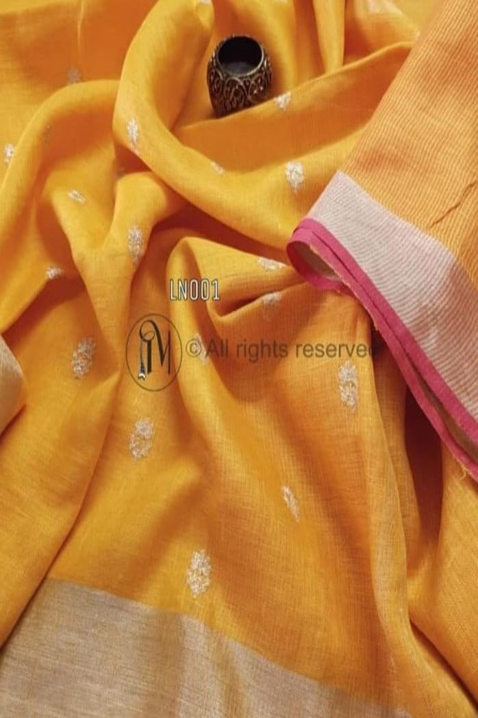 mustard yellow embroidered handloom pure linen saree - linenworldonline.in