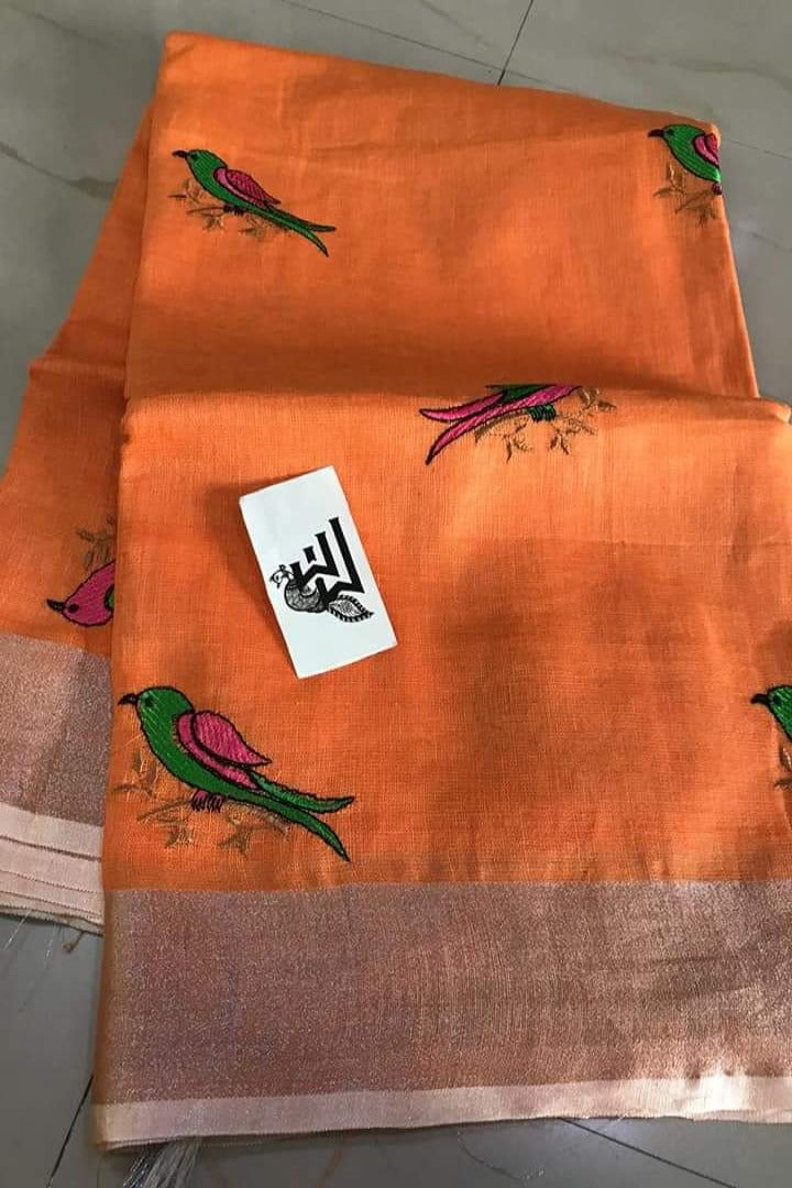coral orange embroidered handloom woven pure linen saree - linenworldonline.in