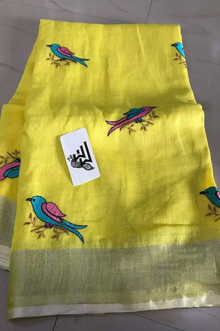 yellow embroidered handloom woven pure linen saree - linenworldonline.in