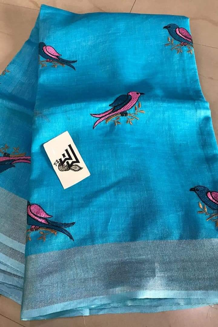 blue embroidered handloom woven pure linen saree - linenworldonline.in