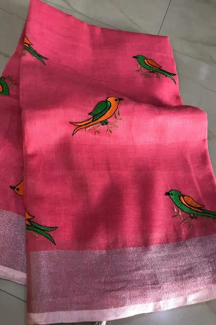 pink embroidered handloom woven pure linen saree - linenworldonline.in