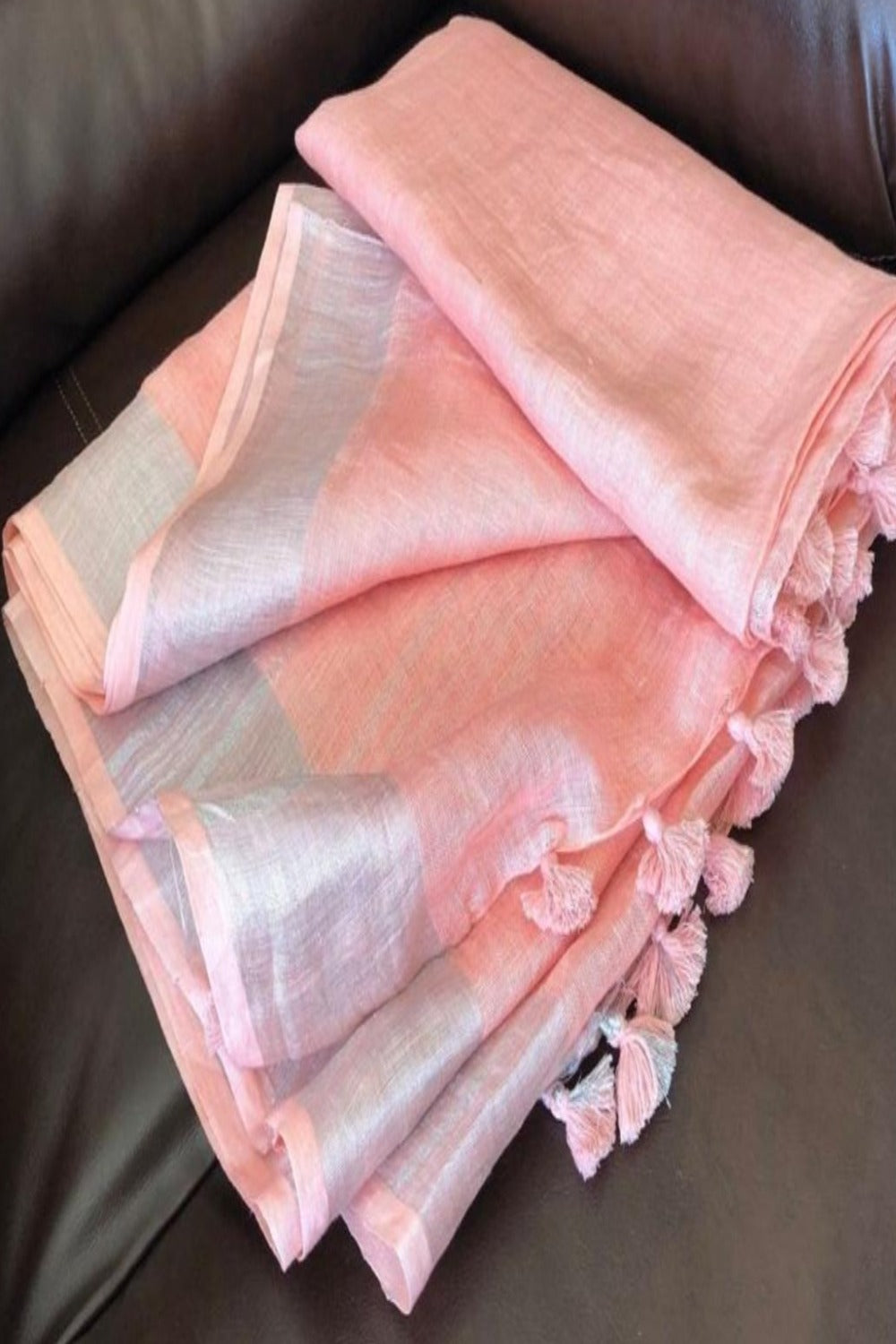 peach handloom pure linen saree - linenworldonline.in