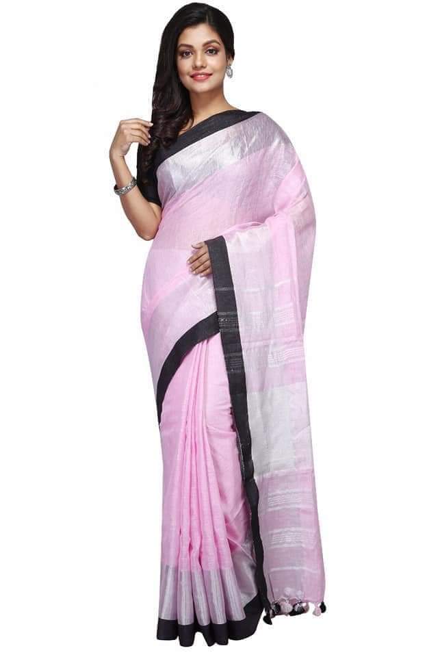 baby pink handloom woven pure linen saree - linenworldonline.in