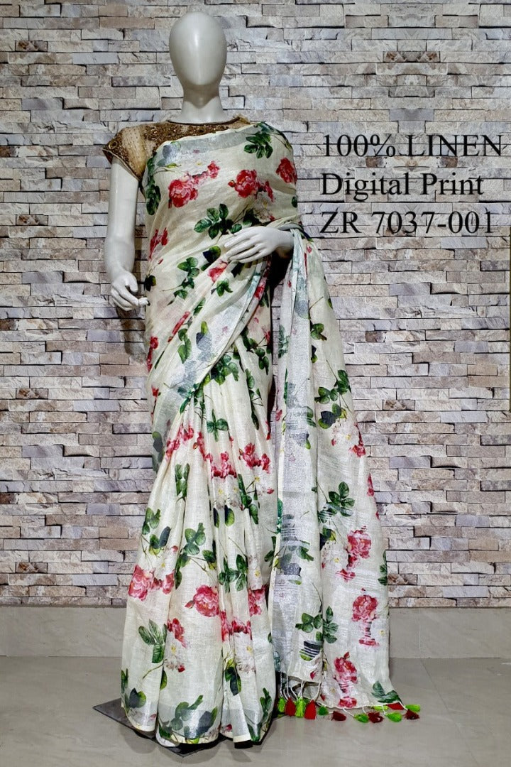 off white floral digital printed handloom pure linen saree - linenworldonline.in