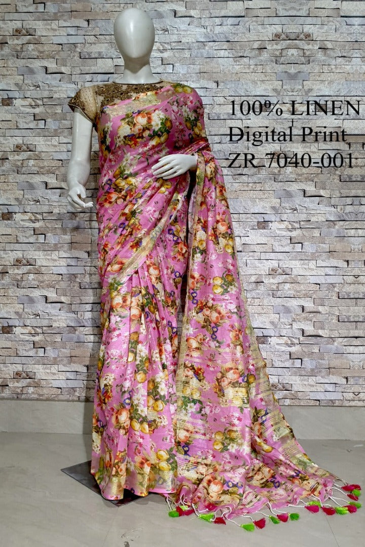 pink floral digital printed handloom pure linen saree - linenworldonline.in