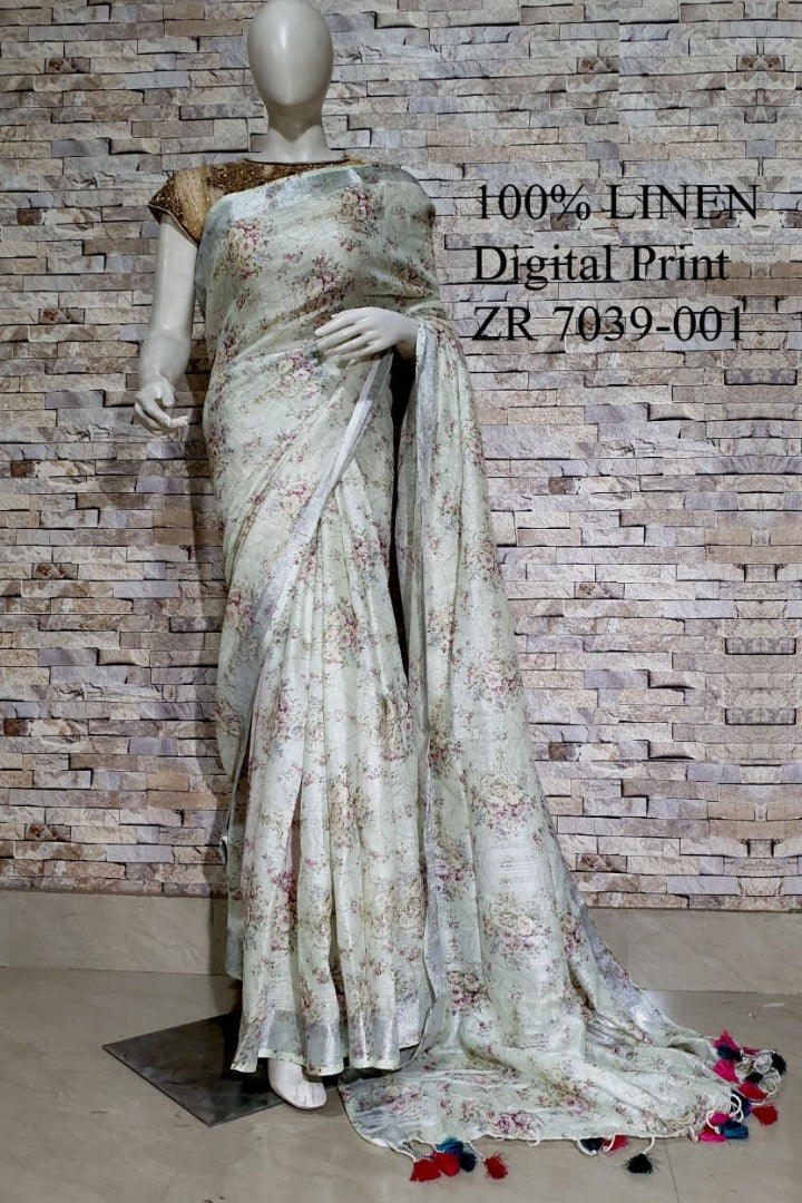 off white digital printed handloom pure linen saree - linenworldonline.in