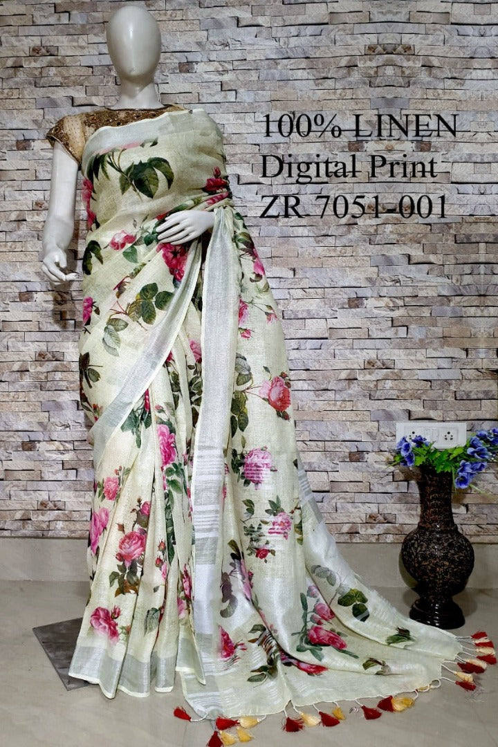 cream floral digital printed handloom pure linen saree - linenworldonline.in
