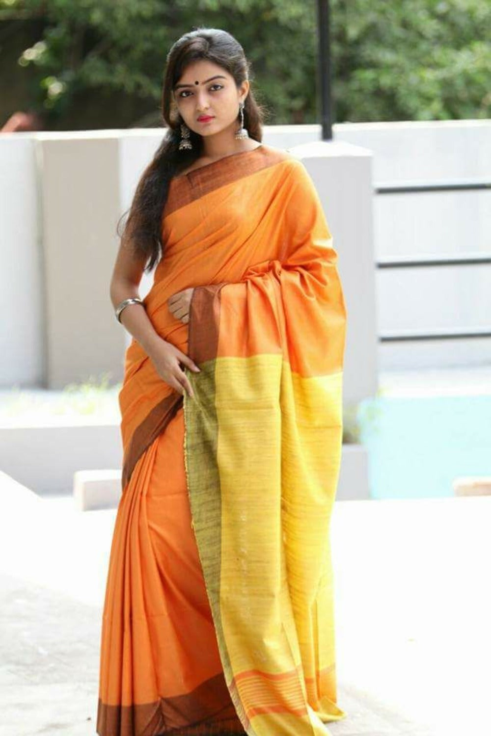 orange bhagalpuri handloom tussar ghicha silk saree - linenworldonline.in