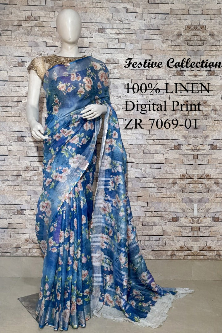 blue floral digital printed handloom pure linen saree - linenworldonline.in
