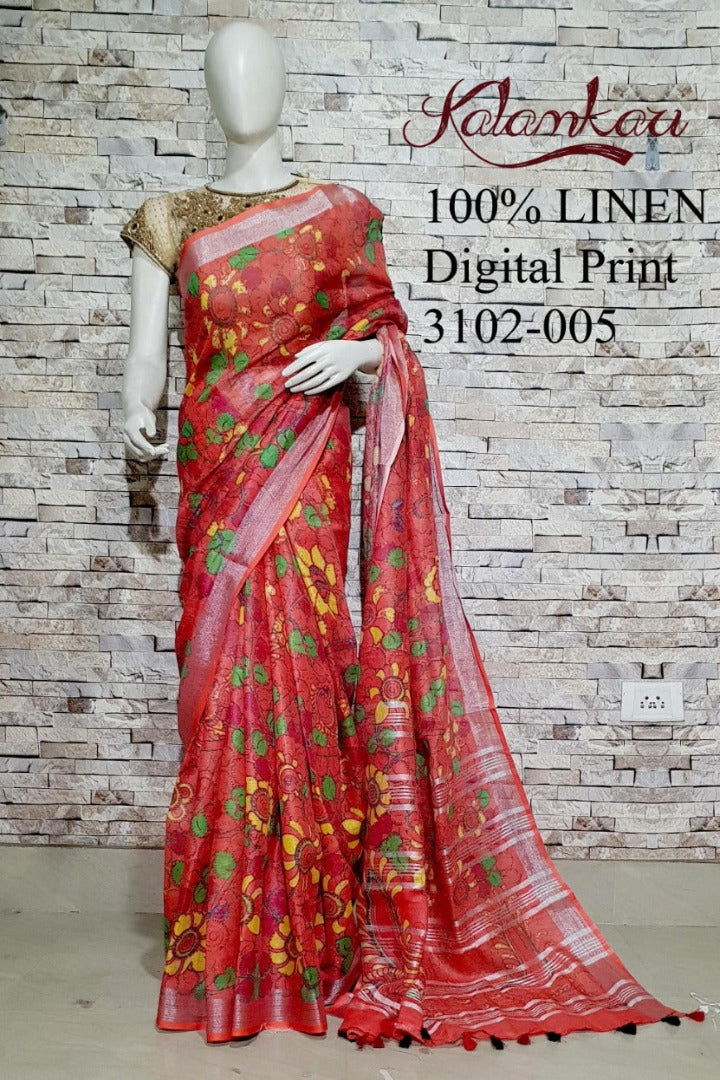 red kalamkari digital printed handloom pure linen saree - linenworldonline.in