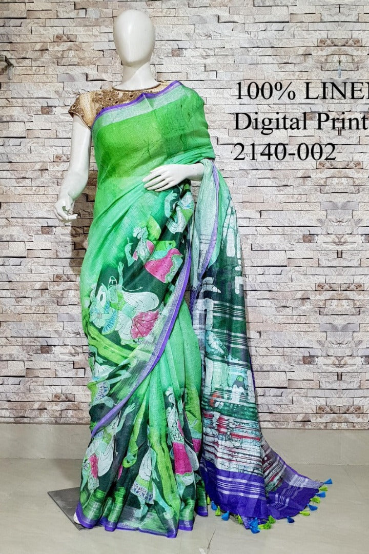 green digital printed handloom pure linen saree - linenworldonline.in
