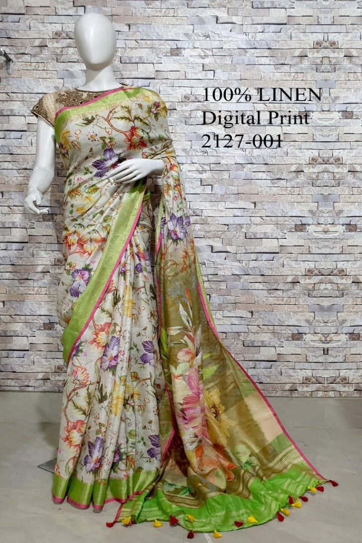 cream digital printed handloom pure linen saree - linenworldonline.in