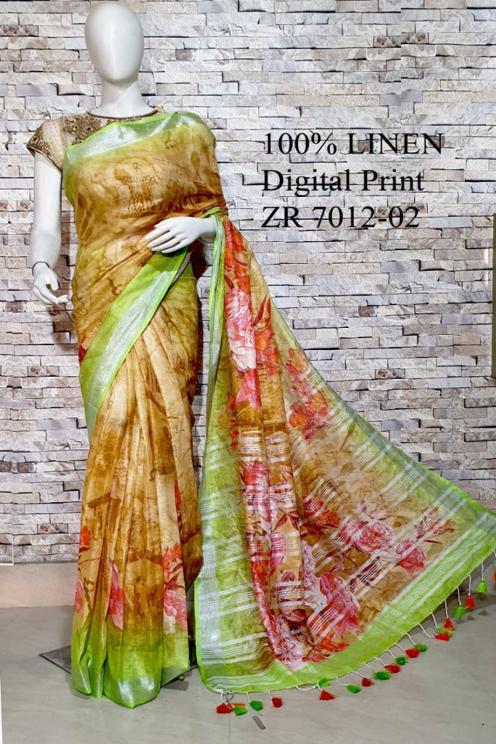 canary yellow digital printed handloom pure linen saree - linenworldonline.in