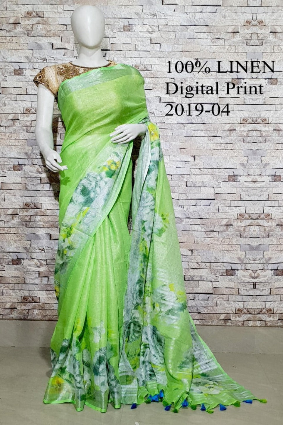 lime green floral digital printed handloom pure linen saree - linenworldonline.in