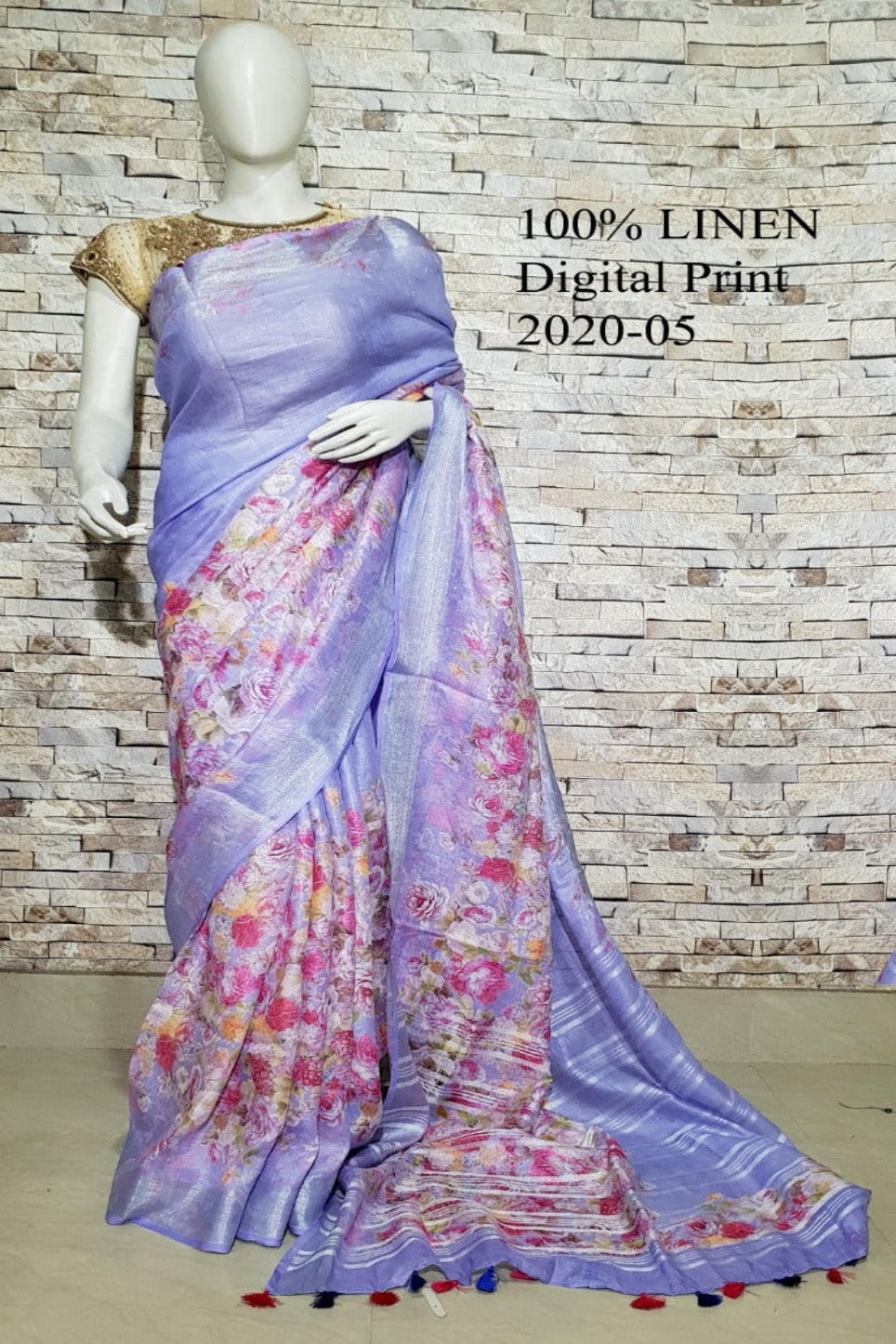 orchid floral digital printed handloom pure linen saree - linenworldonline.in