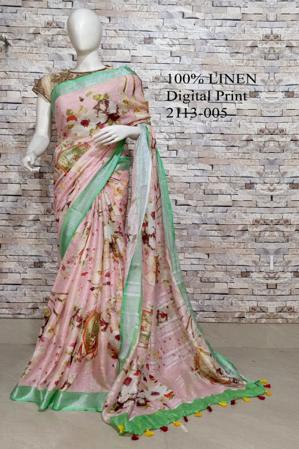 peach digital printed handloom pure linen saree - linenworldonline.in