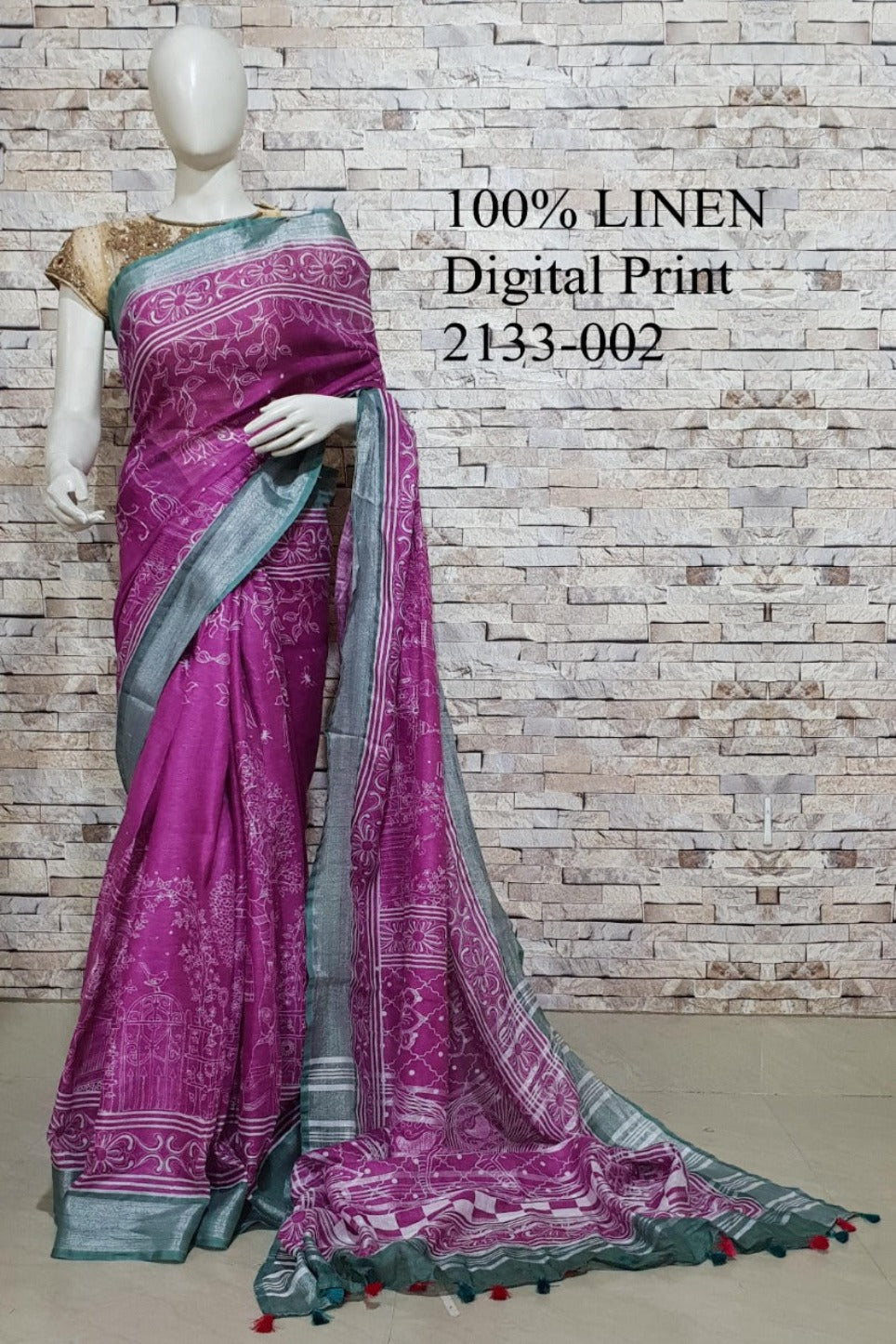 dark pink digital printed handloom pure linen saree - linenworldonline.in