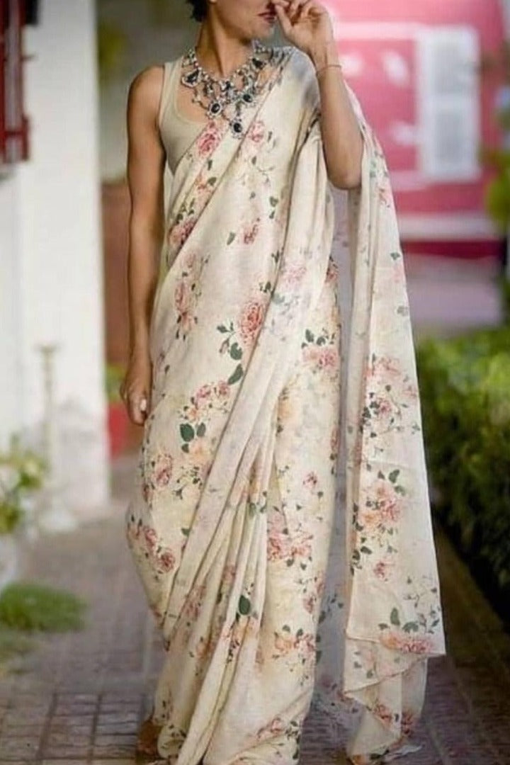 Off White Linen Saree with Floral Digital Print