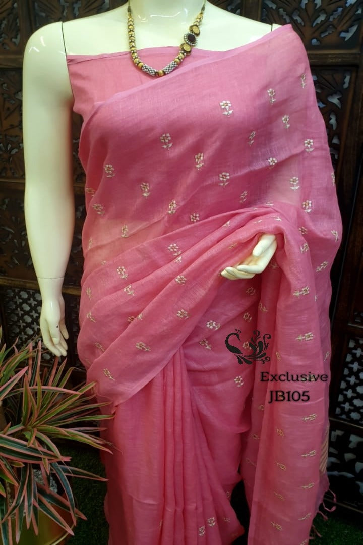pink embroidered handloom woven pure linen saree - linenworldonline.in