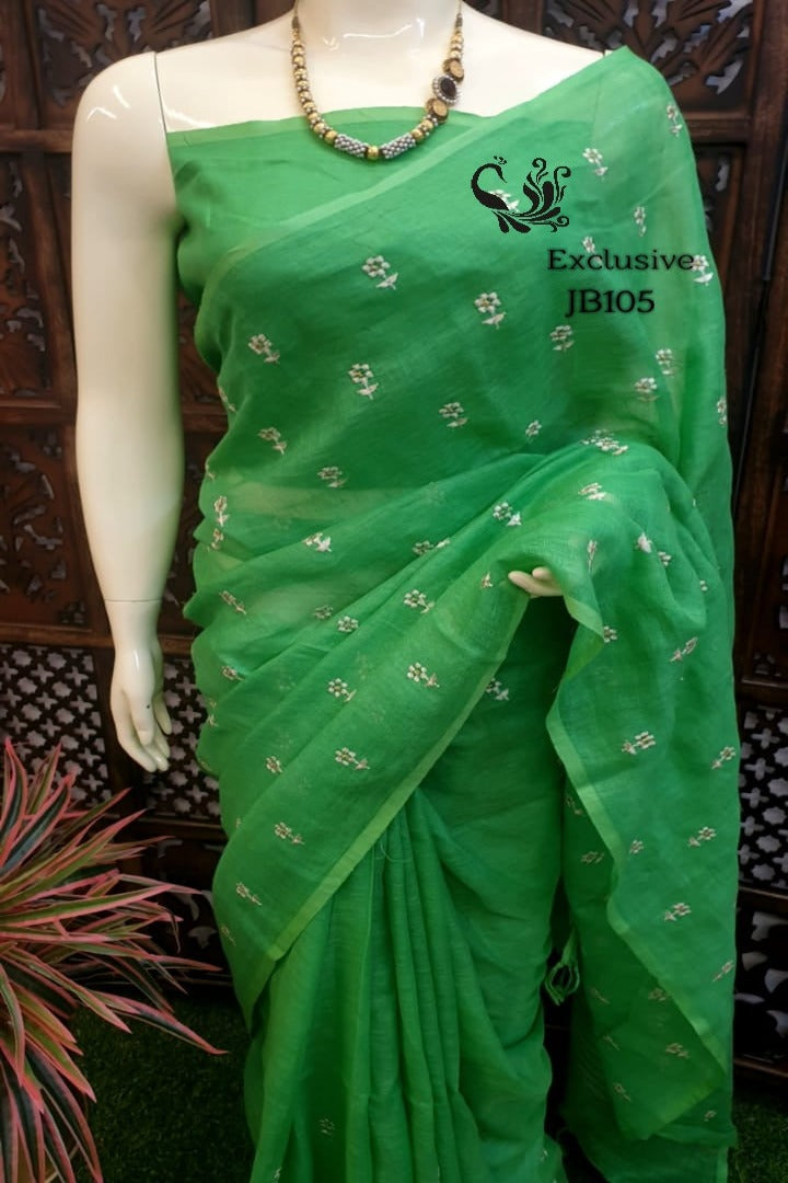 green embroidered handloom woven pure linen saree - linenworldonline.in
