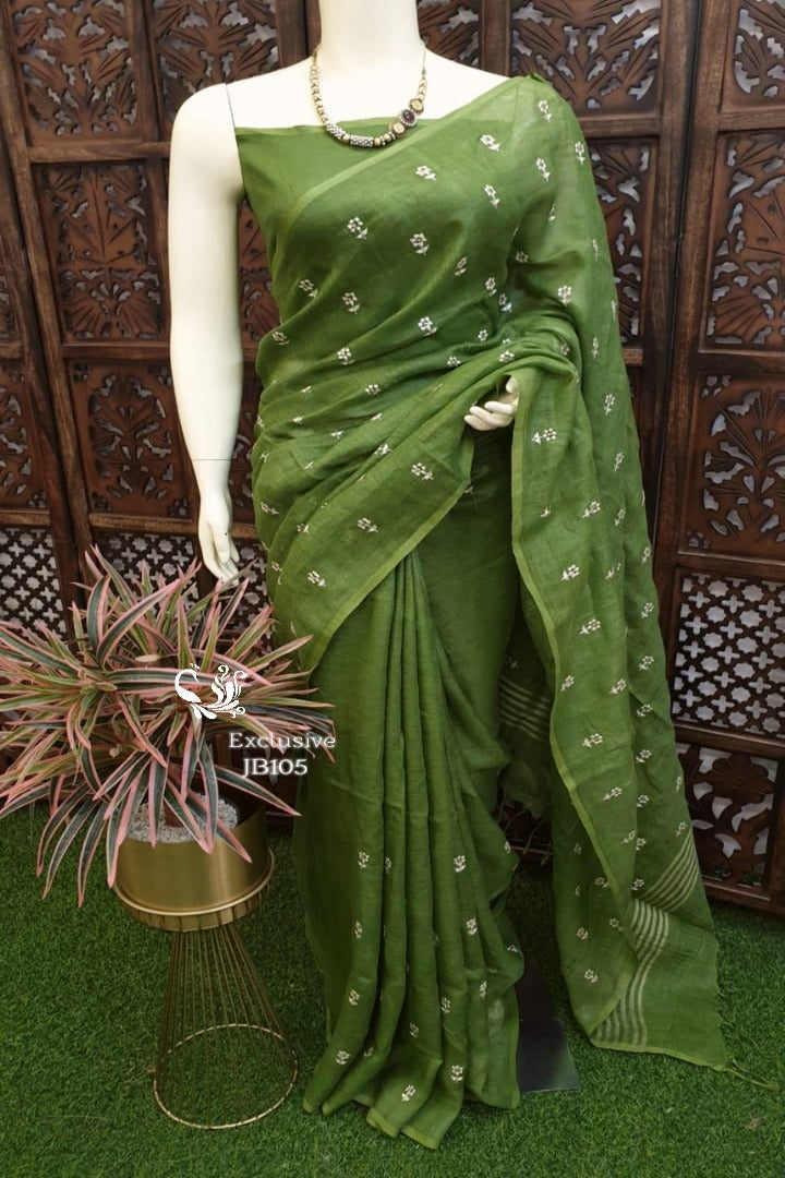 cucumber green embroidered linen saree - linenworldonline.in