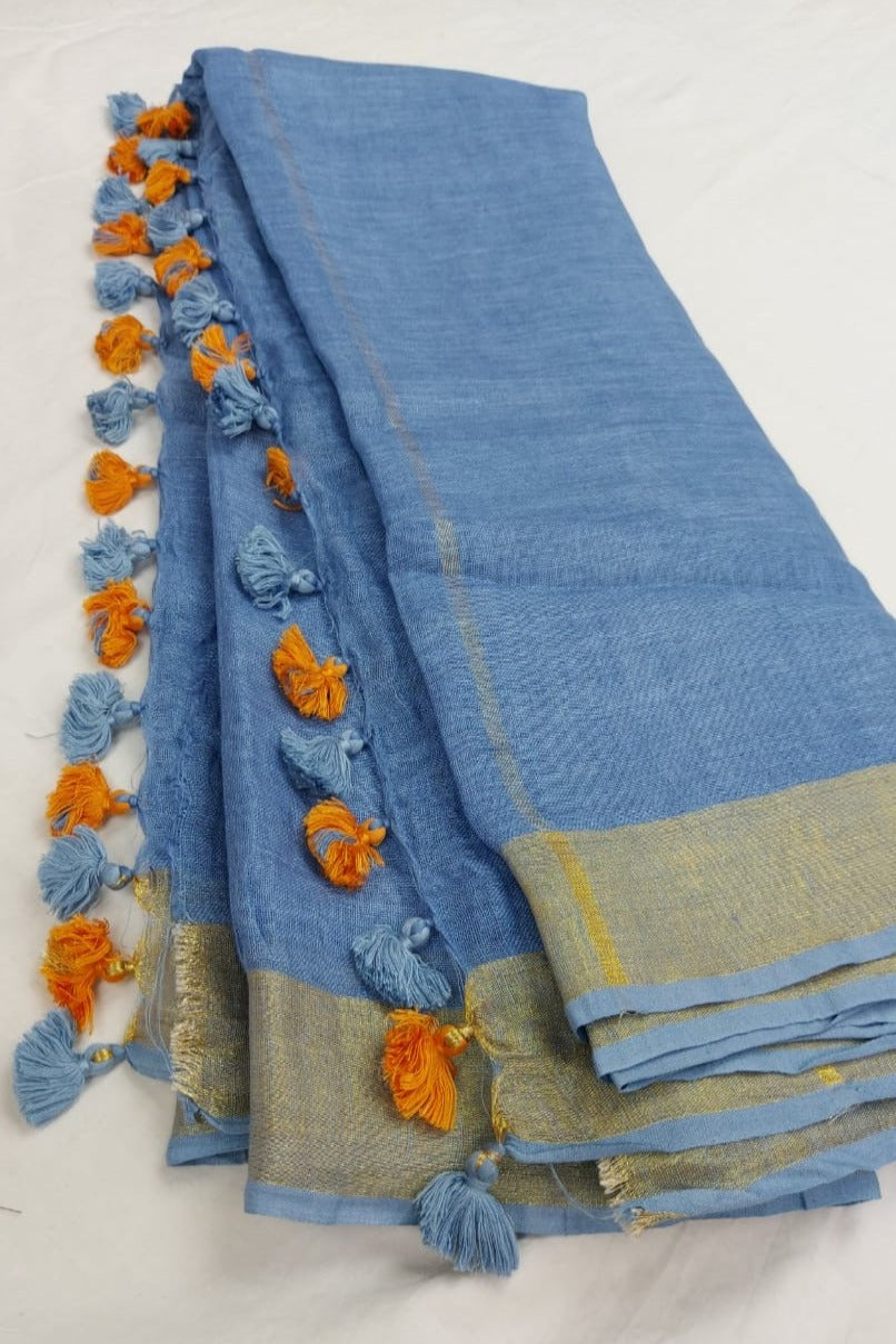 horizon blue handloom woven pure linen saree - linenworldonline.in