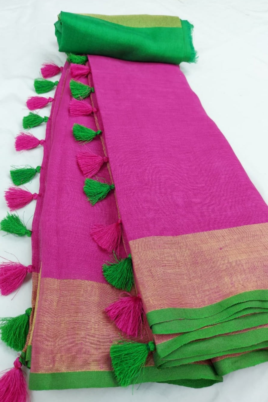 fuchsia pink handloom woven pure linen saree - linenworldonline.in