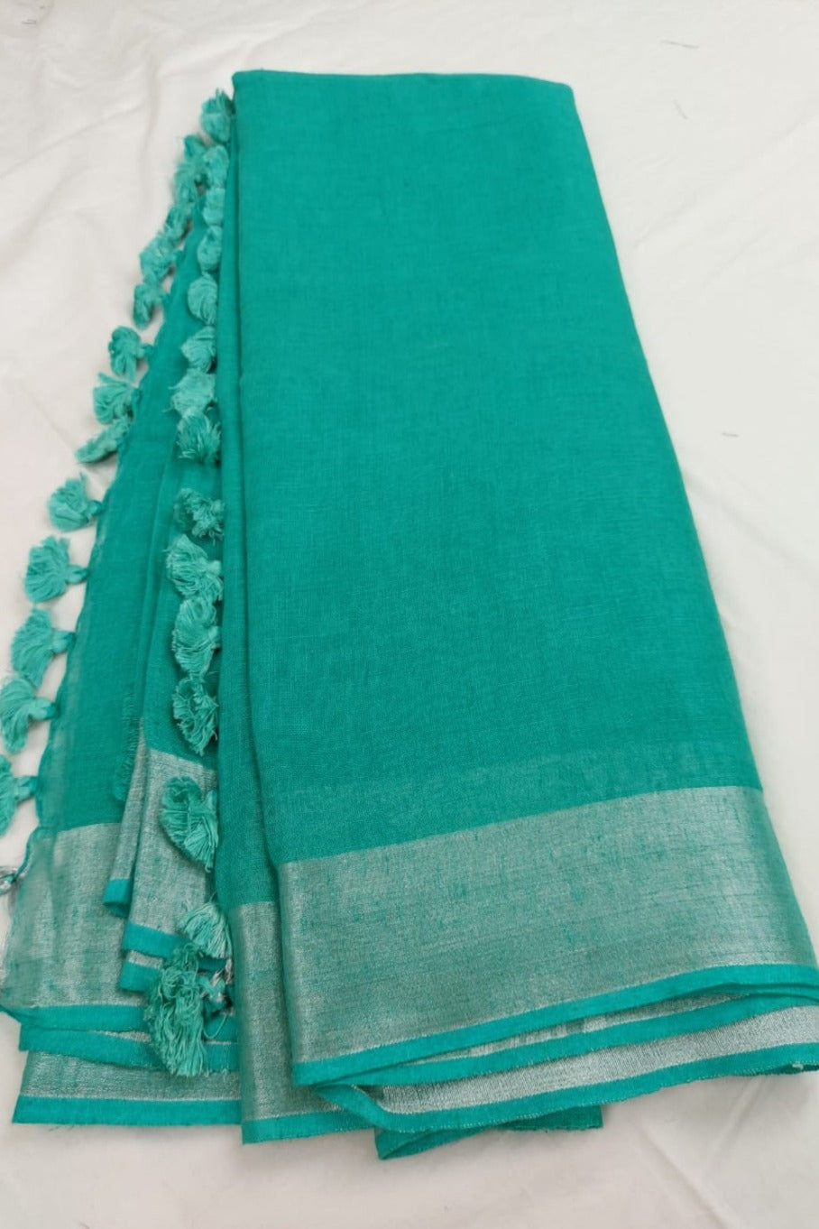 turquoise blue handloom woven pure linen saree - linenworldonline.in