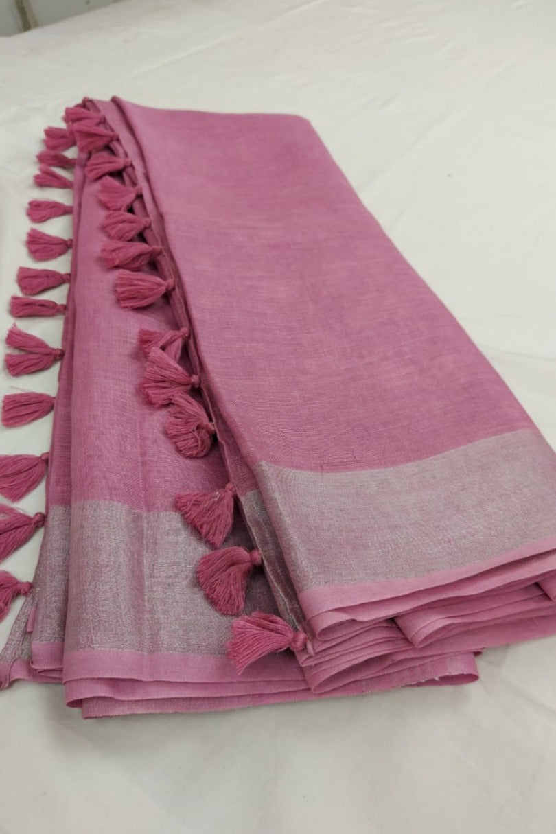 turkish rose handloom woven pure linen saree - linenworldonline.in
