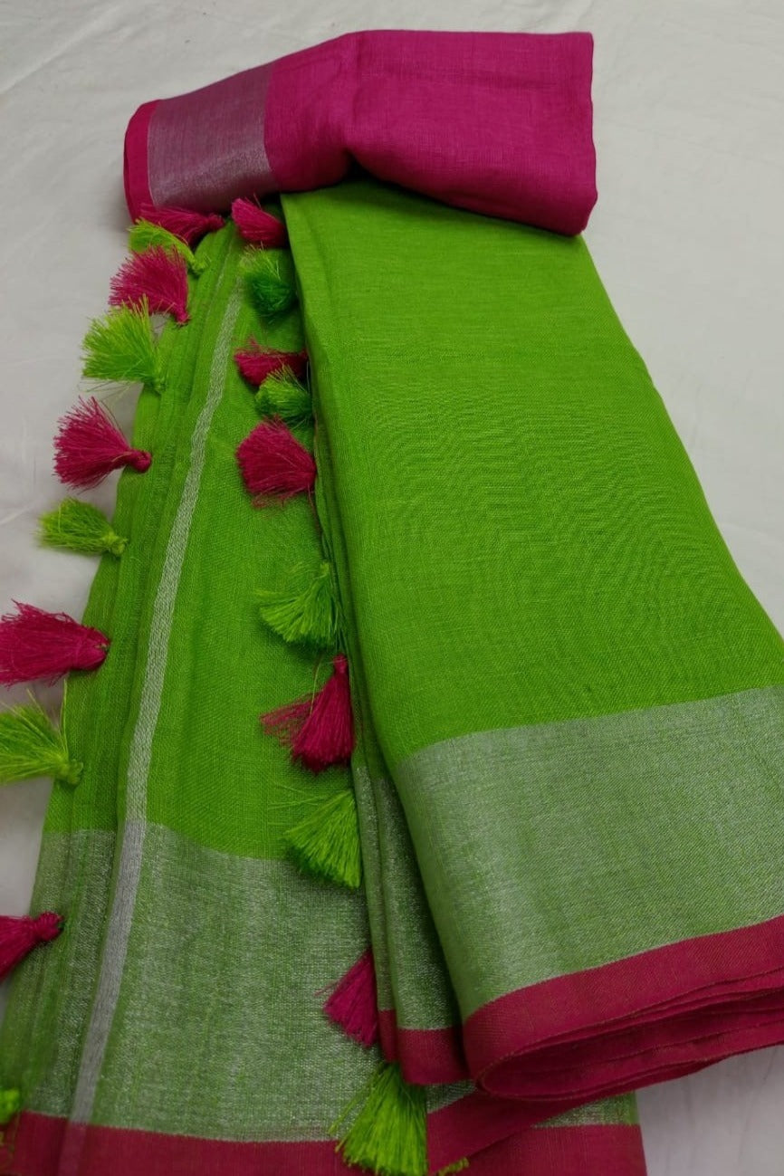 green handloom woven pure linen saree - linenworldonline.in