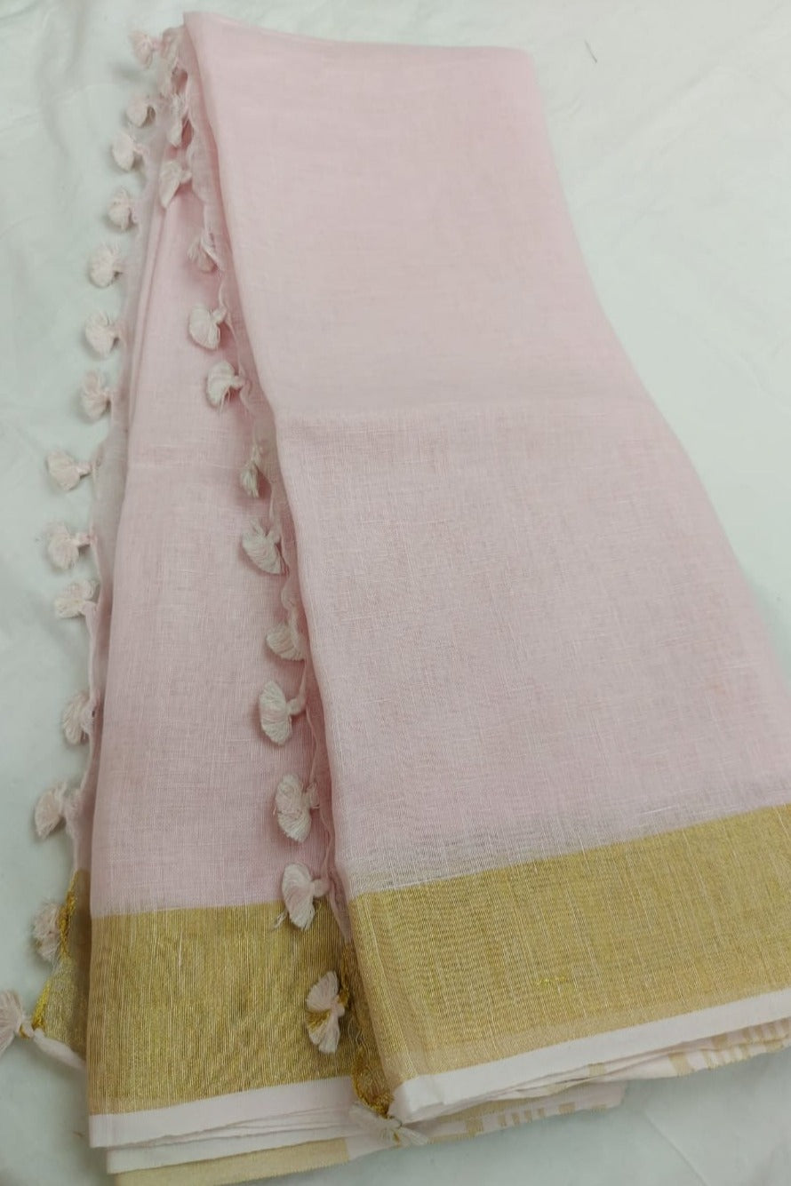powder pink handloom woven pure linen saree - linenworldonline.in