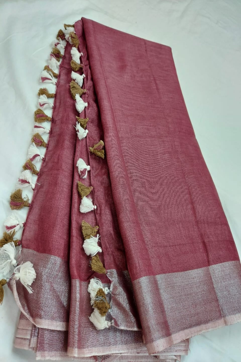hippie pink handloom woven pure linen saree - linenworldonline.in