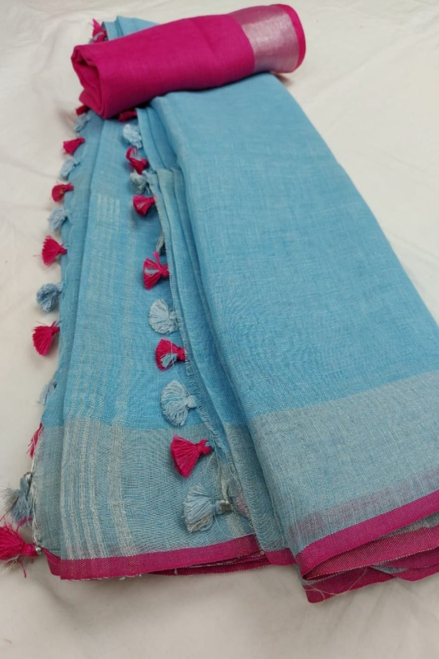 sky blue handloom woven pure linen saree - linenworldonline.in