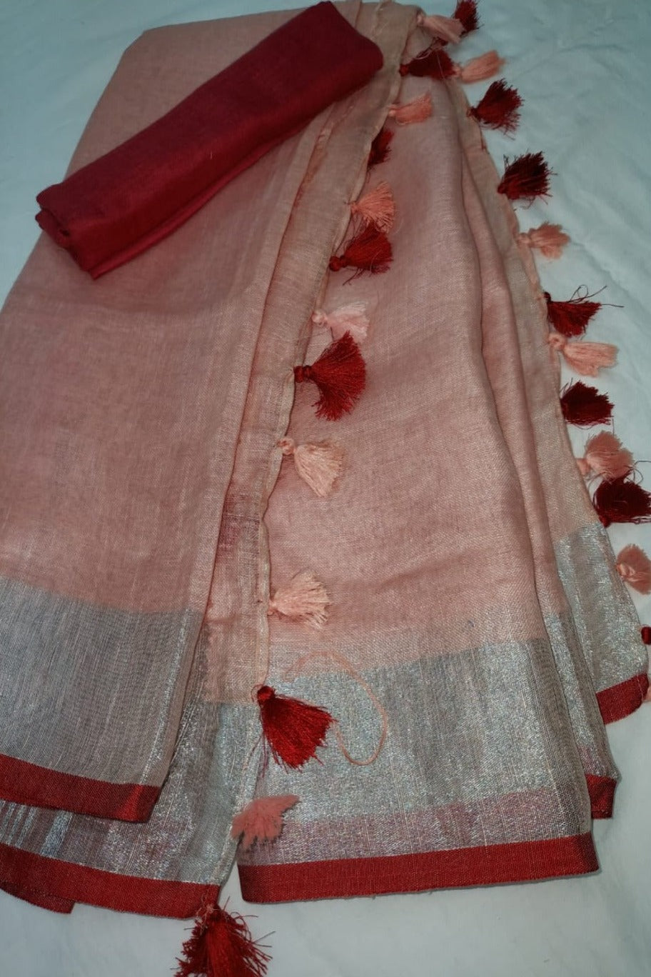 peach handloom woven pure linen saree - linenworldonline.in