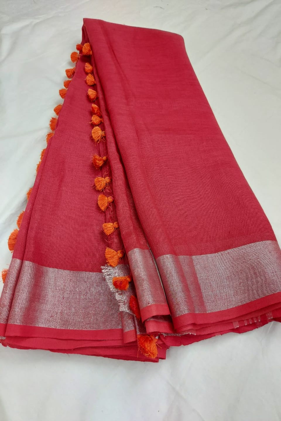 brick red handloom woven pure linen saree - linenworldonline.in