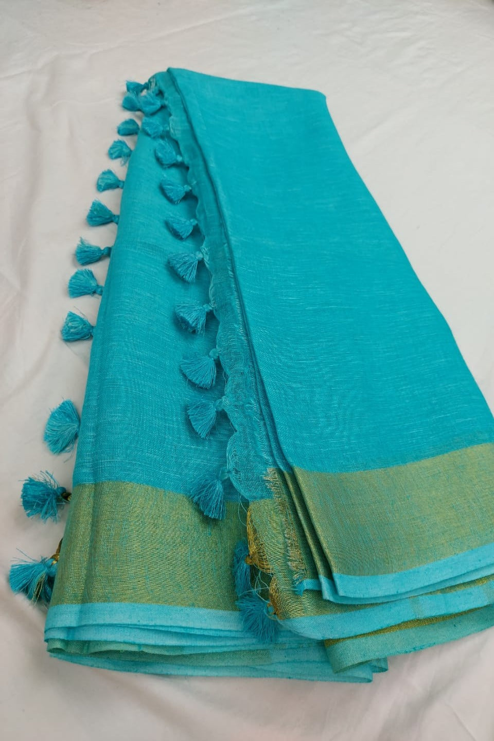 blue handloom woven pure linen saree - linenworldonline.in