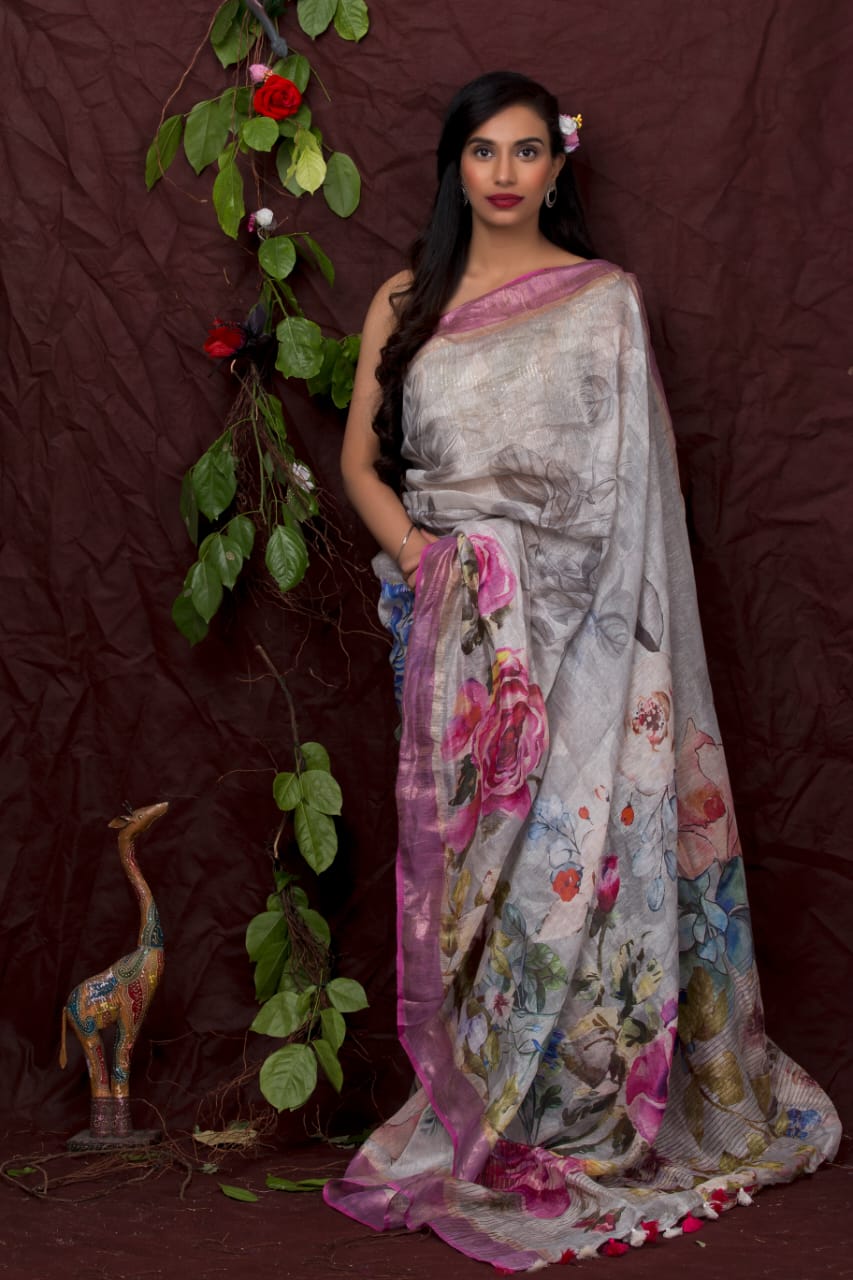 Digital Printed Handwoven Linen Saree (Set of 3)