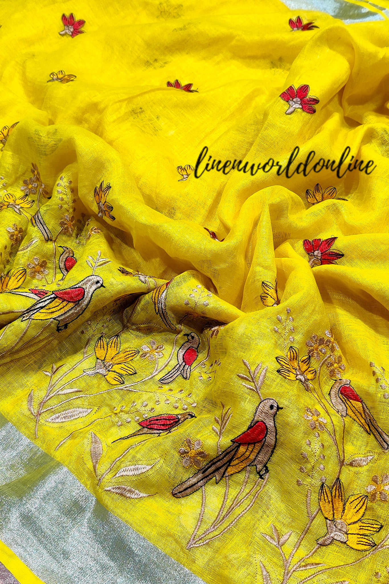 chidiya - embroidered pure linen saree - linenworldonline.in