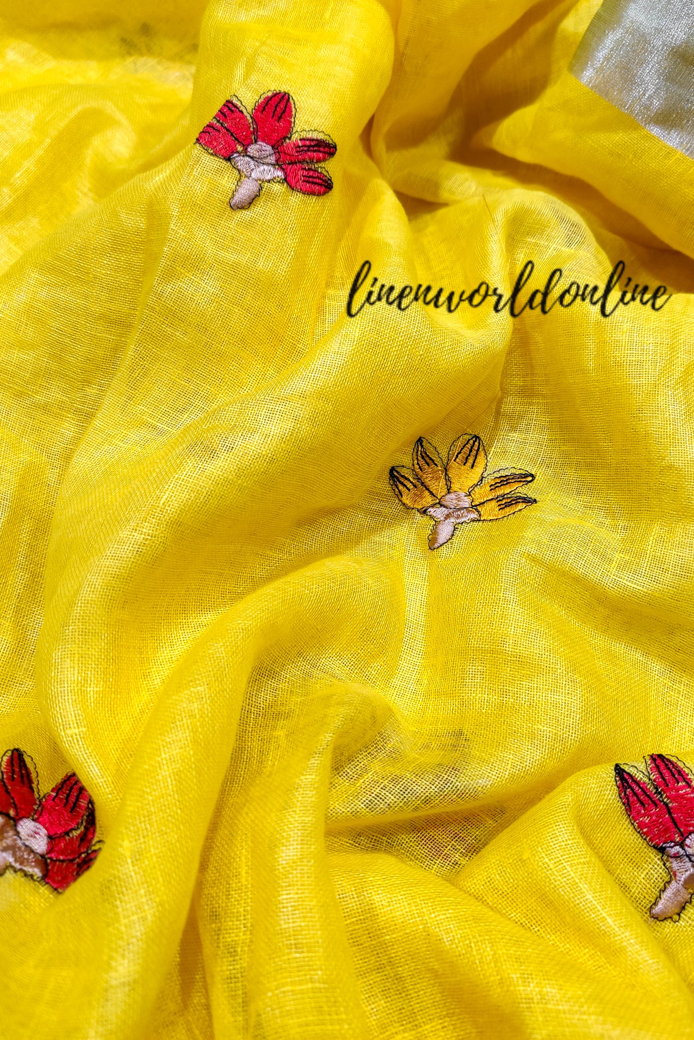 chidiya - embroidered pure linen saree - linenworldonline.in