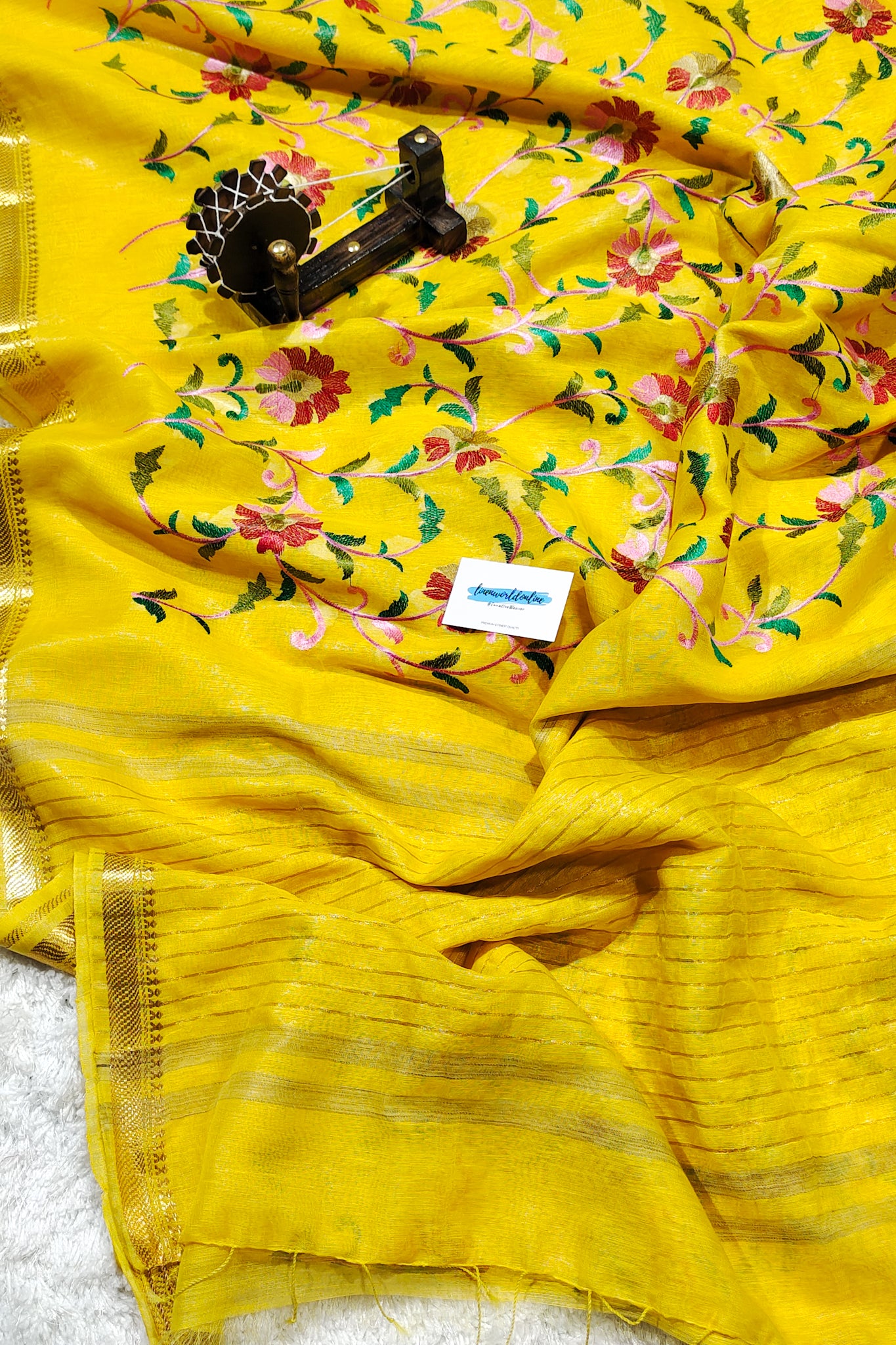 yellow silk linen floral embroidered saree - linenworldonline.in